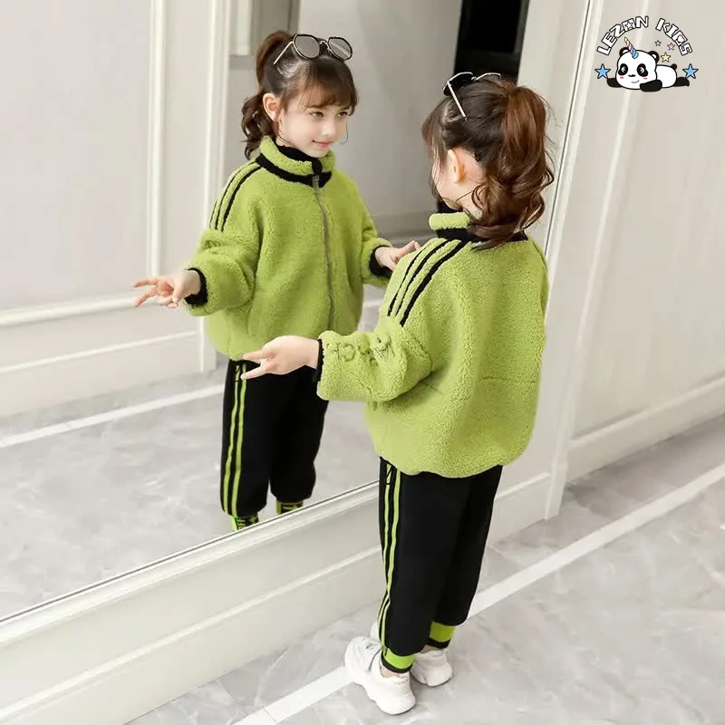 LEZONKIDS - Conjunto de Roupas de Treino para Meninas de 2 a 14 Anos, Uniforme de Fleece Polar Sólido para Outono e Inverno